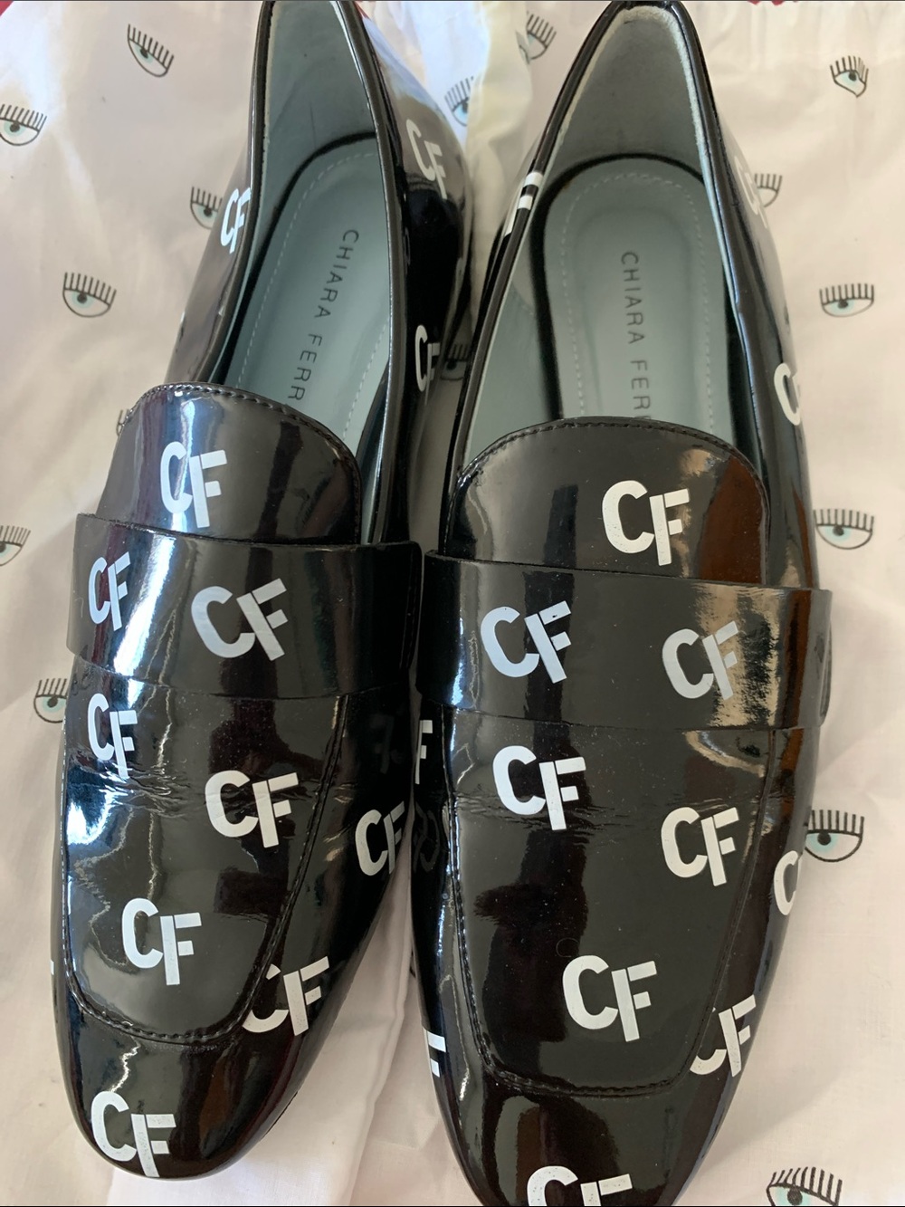 Chiara Ferragni Black Patent CF Logo Slip-On Loafers